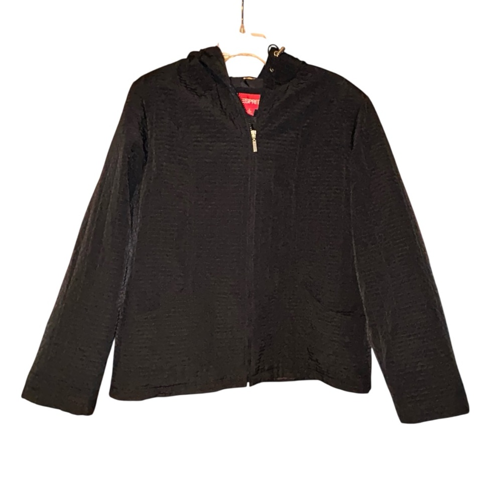 Esprit Black Hooded Jacket Womens Size Large Textured Zip Front Lightweight Coat